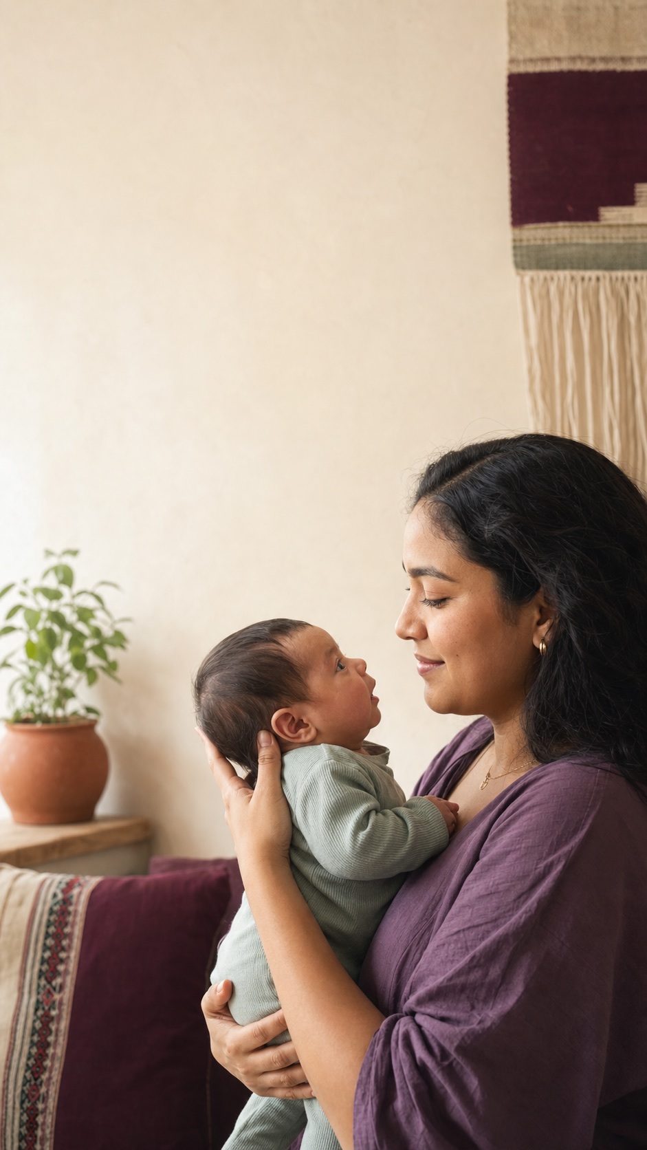 Mamá mexicana sosteniendo a su bebé con apoyo de cabeza y cuello